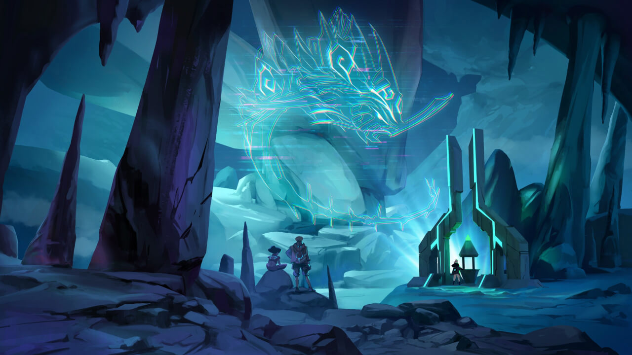 Key Art from Lost Skies showing a dark cavern lit by a magical blue light