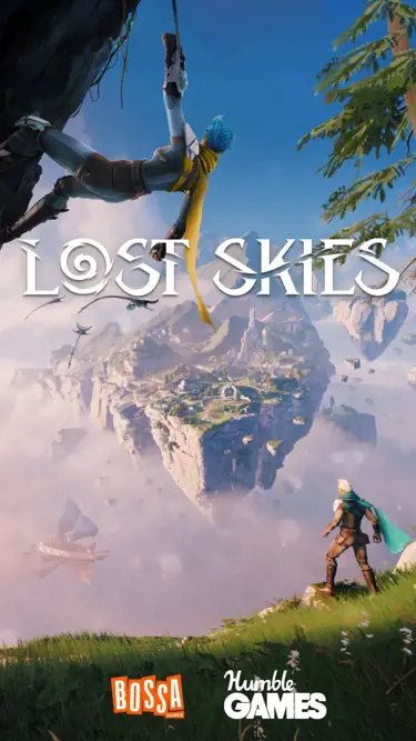 Lost Skies key art showing character suspended on the side of the rock looking at a floating island